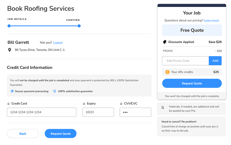 The final step of Jiffy's quoted job booking flow, where we added an optional credit card field. What seemed like a harmless addition turned out to be the key point of hesitation for first-time users.